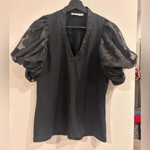 Anne Fontaine Maki Dots Puff Sleeve Top Black Sheer Polka Dot Balloon Blouse M
